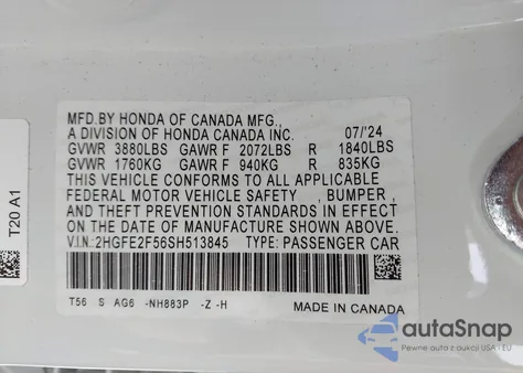 2025 Honda Civic Sport из США, поврежденный, VIN 2HGFE2F56SH513845